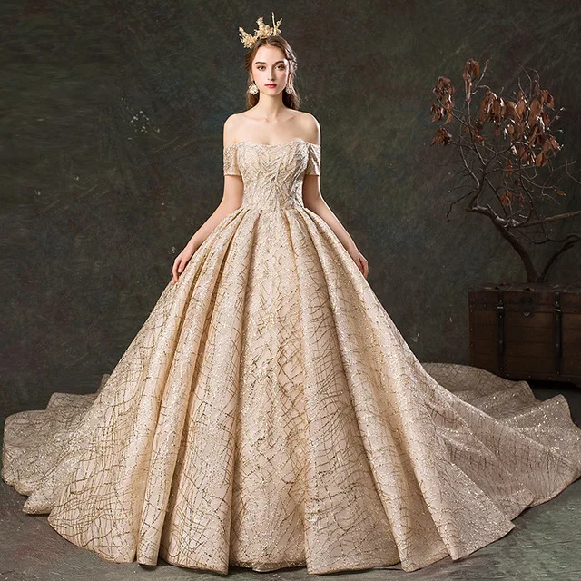 SSYfashion, вырез лодочкой, шнуровка сзади, длина до пола, бальное платье, роскошное свадебное платье, свадебные платья цвета шампань, Vestido De Noiva - Цвет: train without veil