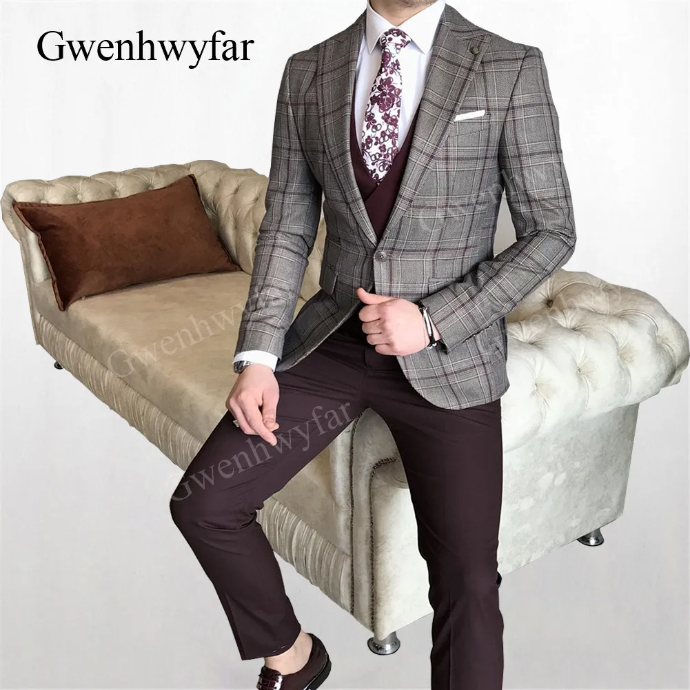 Gwinhwyfar/Клетчатый Блейзер серый мужской костюм новые зимние костюмы для женихов