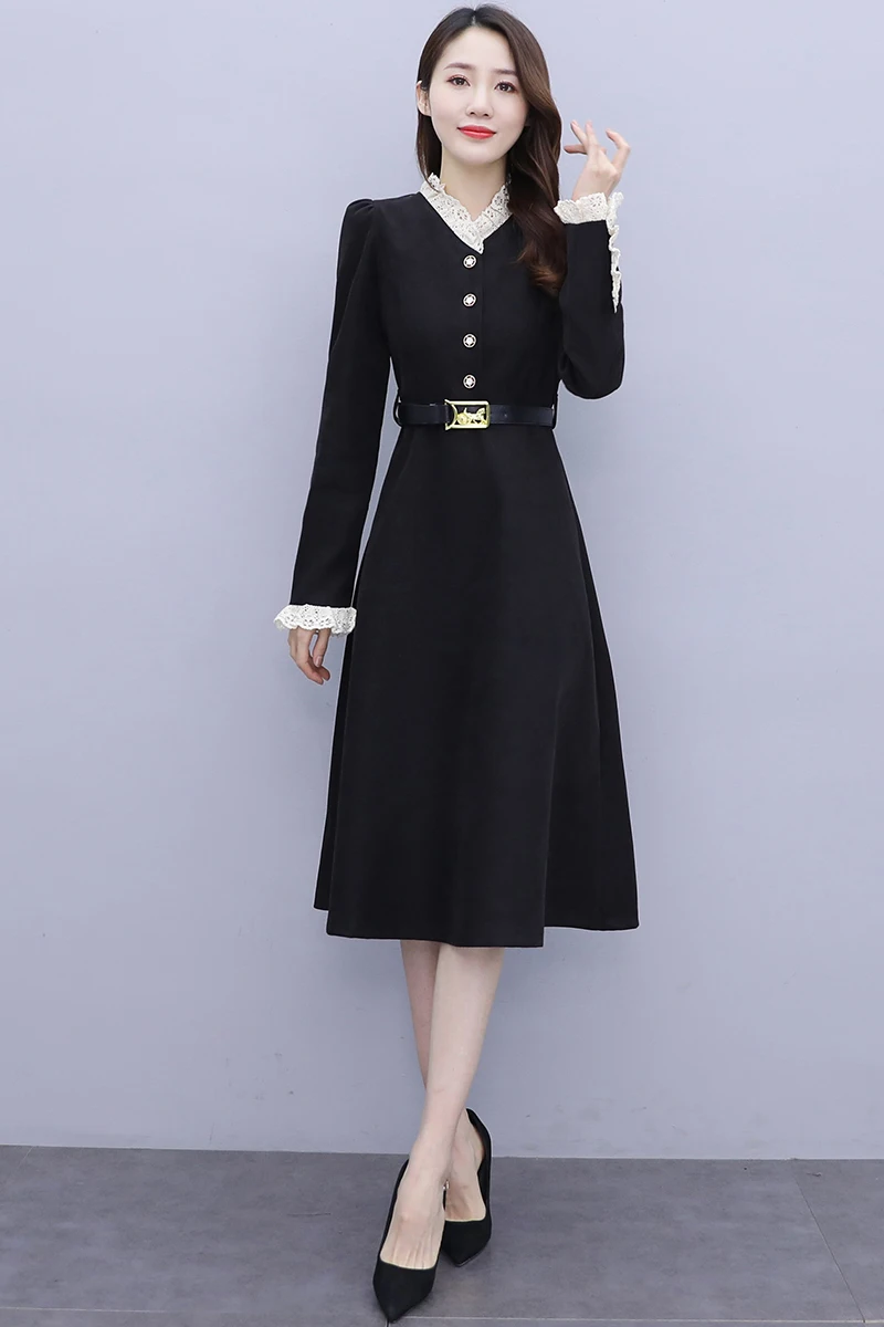 

COIGARSAM 4XL Plus Size Patchwork Women dress Spring Full Sleeve Lace High Waist Dresses Black 6082