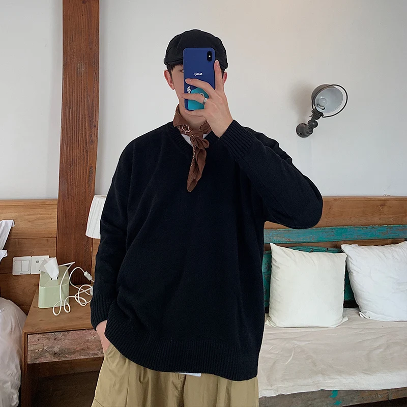 Мужской свободный свитер с V-образным вырезом однотонный простой хлопковый