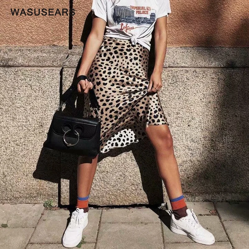 Юбка Женская средней длины с леопардовым принтом атласная винтажная