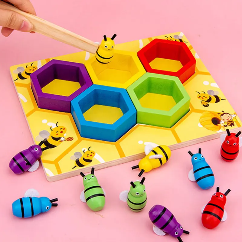 Baby Montessori Clamp Bees Hive Games Board for Children Picking Catching Toys Development Gifts Color Cognitive Education