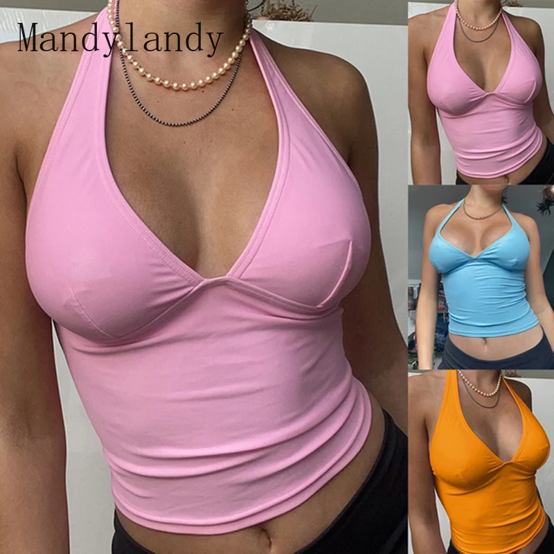 

Сексуальный женский топ с лямкой на шее Mandylandy, женская одежда для вечерние, однотонный летний укороченный топ без рукавов с открытой спиной