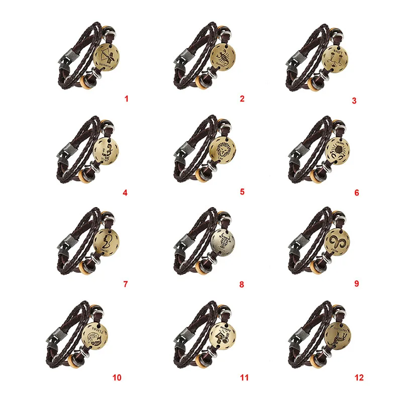 Мужские и женские плетеные браслеты 12 созвездий кожаные со знаками Зодиака