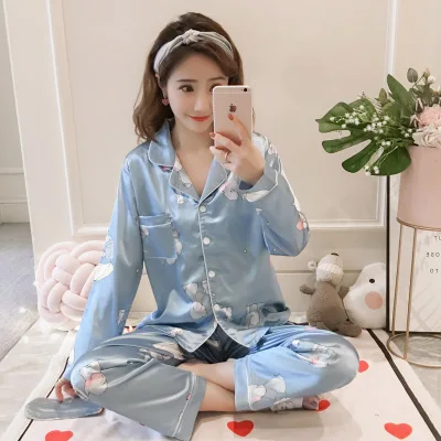 pyjamas women Большой размер 5XL женский атласный Шелковый пижамный комплект с длинным рукавом Цветочный комплект из двух предметов сексуальная пижама Пижамный костюм Женская одежда для сна - Цвет: pyjamas women