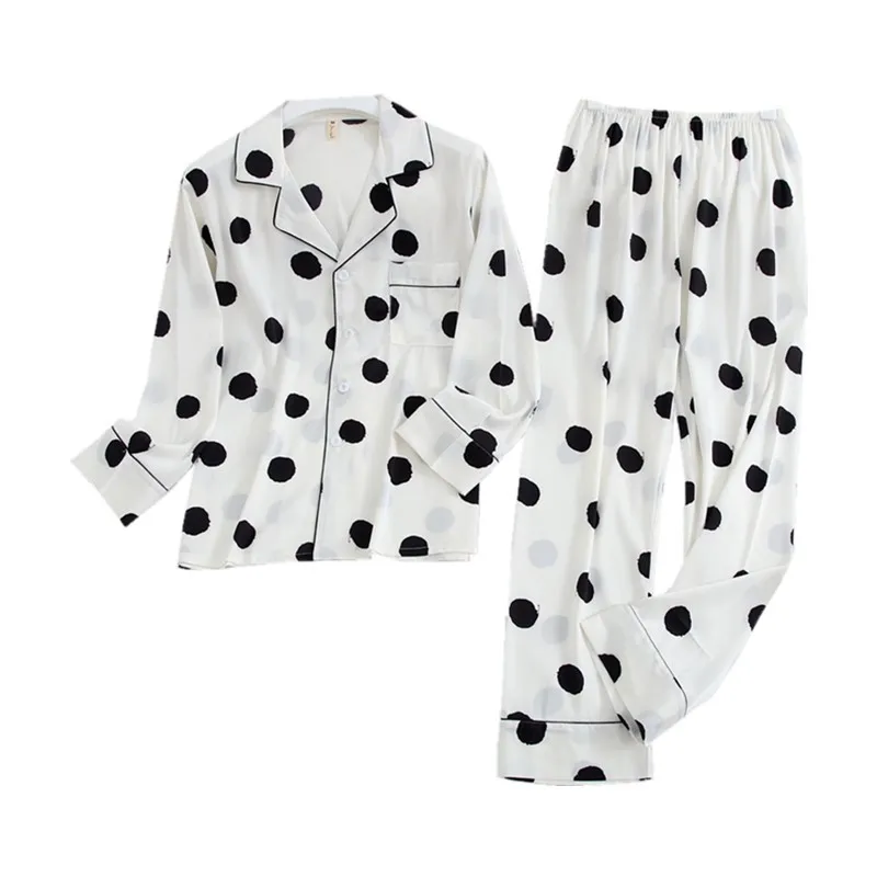 

Polka Dot Printing 2PCS Sleep Suit Women Home Wear Autumn New Nightwear Lounge Faux Silk Sleepwear With Pocket Nightwear