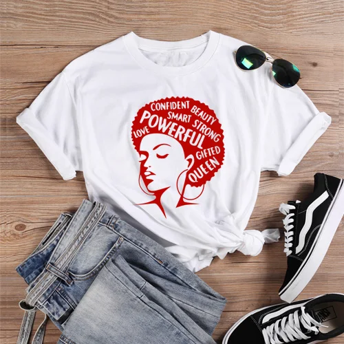 White-Red Афро леди Графический футболки для феминисток тройники черная девушка Волшебная футболка королева девушка мощные футболки рубашки женские винтажные меланин футболка - Цвет: White-Red