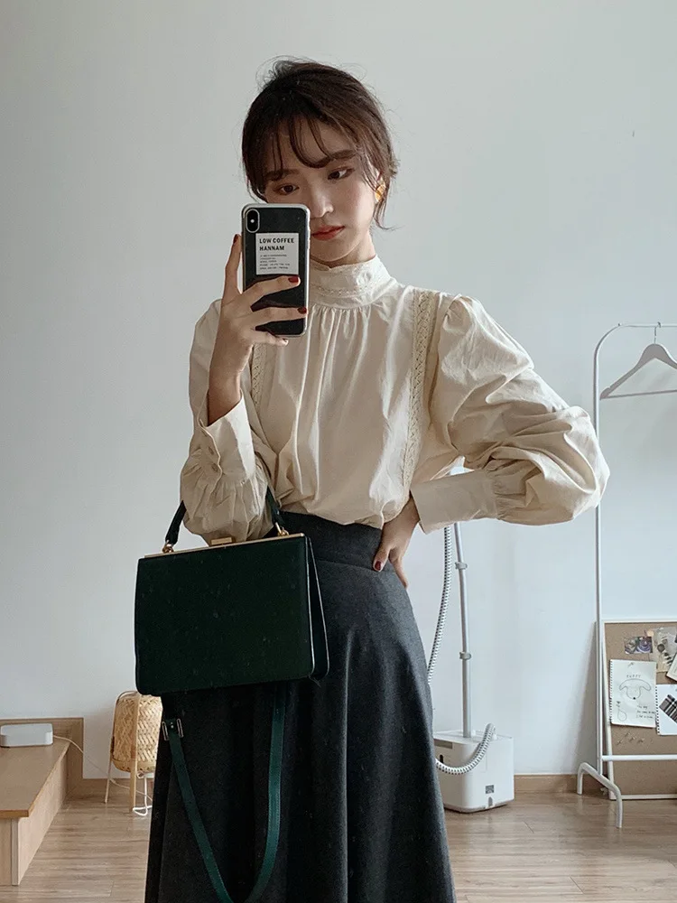 

Women's clothing 2021 spring new fashion retro half-high collar long-sleeved T-shirt simple casual loose top