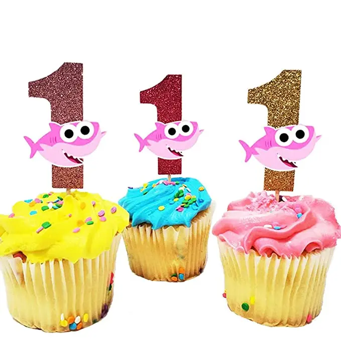 

ONE Birthday Cake Topper with 1st Cupcake Toppers Shark Birthday for Girl First Birthday Baby Shower Party Supplies