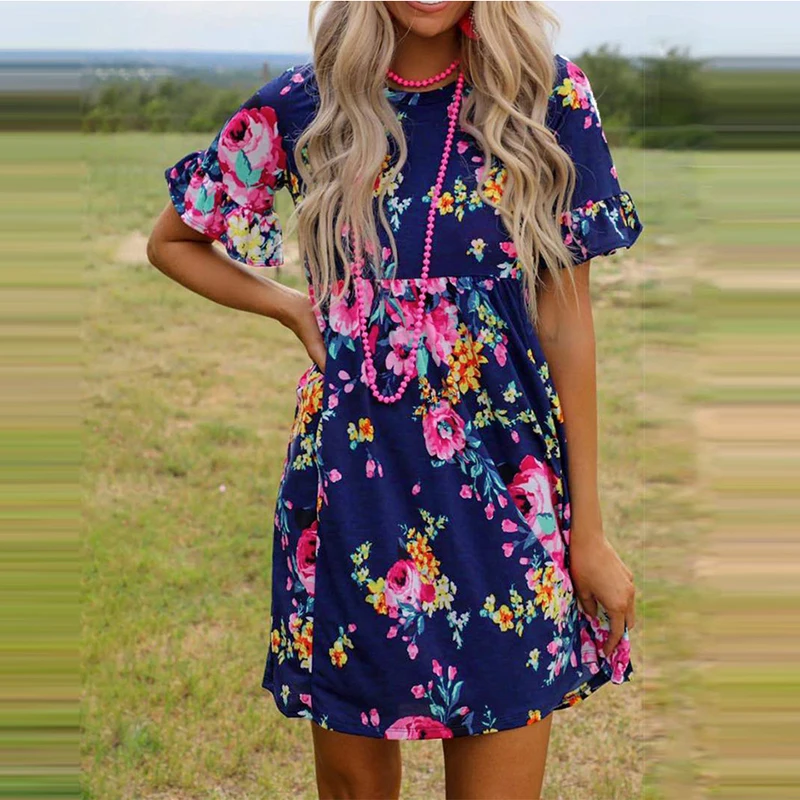 

Round Neck Short Sleeve Retro Floral Mini Dress 2021 Spring And Summer New Women Casual Fashion Streetwear Lady Loose Beachwear