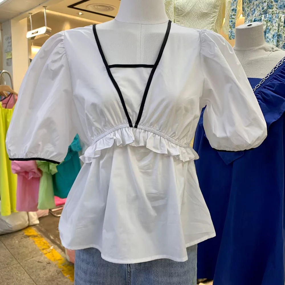 

VANOVICH Korean Style Women Blouses and Tops 2021 Summer New Fashion Wild Cotton Ladies Blouses and Tops V-neck Short-sleeve