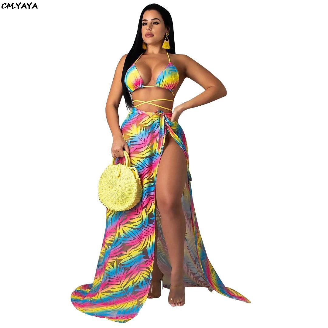 Женский пляжный шифоновый комплект из 3 предметов боди с высоким разрезом сбоку и