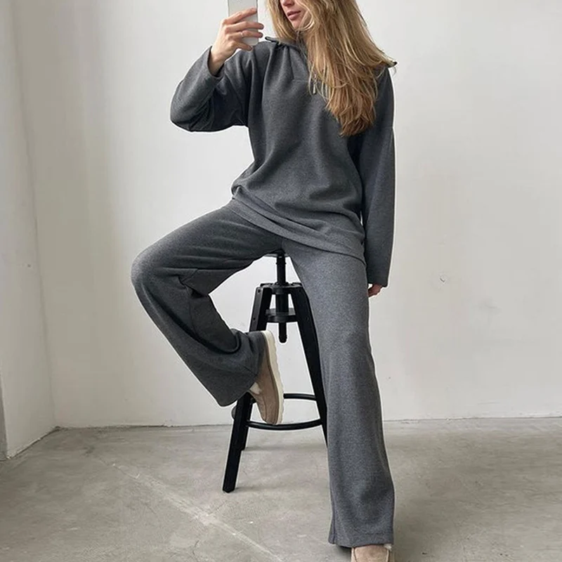 Women Elegant Two Piece Set Polo Collar Long Sleeve Hoodies Fashion High Waist Straight Trouser Suit Loose Warm Waffle Tracksuit |