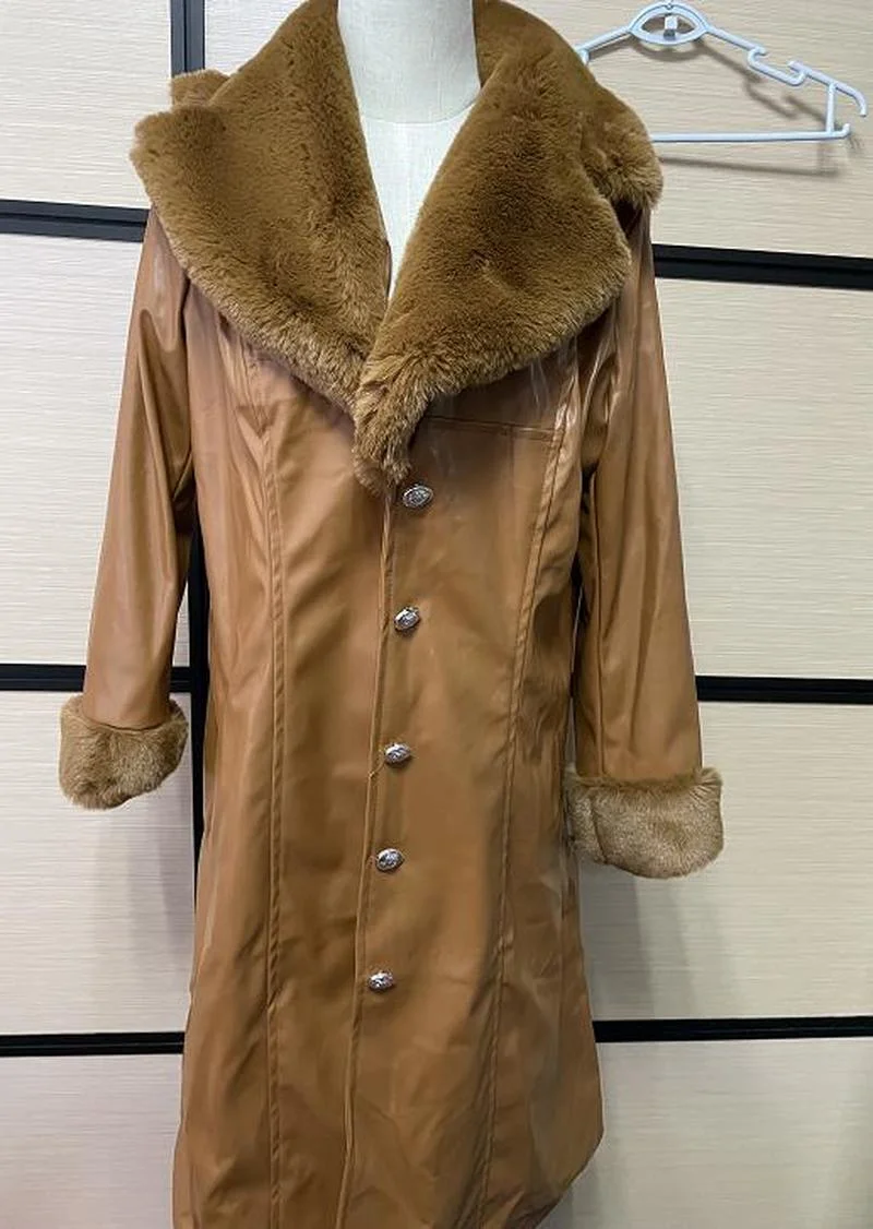 2023 X-long Leather Coat Fur Collar Winter Solid Color Lapel PU Zipper Plus Size Overcoat Casual Womens Jackets Parkas Black New