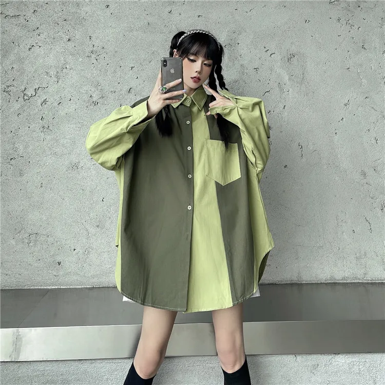 

Fall new style retro stitching contrast color casual loose long sleeve shirt women