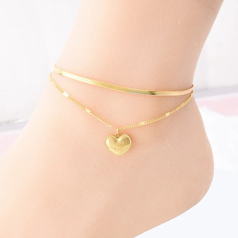

316L Stainless Steel New Fashion High-end Jewelry Carving Love You Heart Shape Charm 2 Layer Snake Bone Chain Anklet For Women
