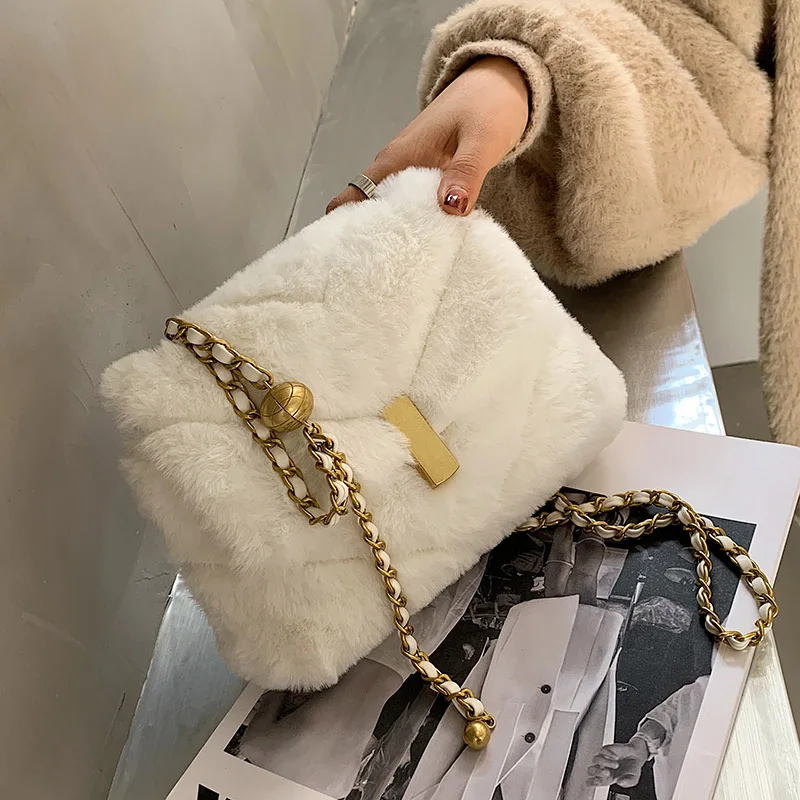 

Женская наплечная сумка из искусственного меха, новинка 2021, брендовая сумка через плечо с цепочкой, сумка-мессенджер и модный кошелек