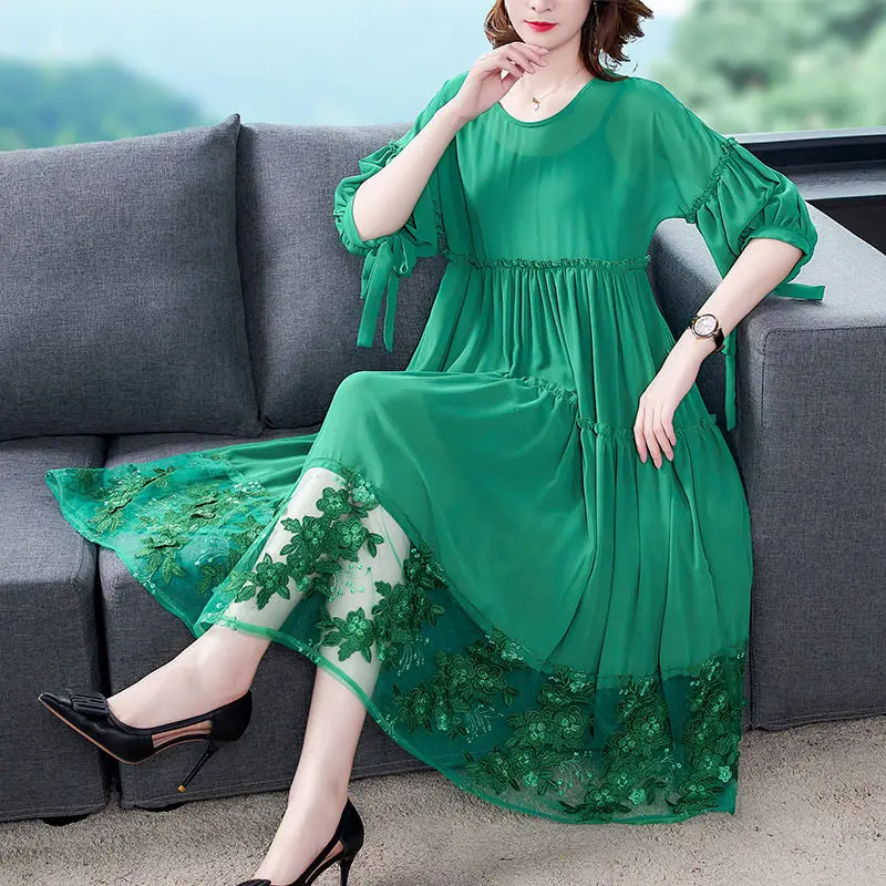 

Весна 2021, шелковое шифоновое платье, летнее Смешанное кружевное свободное платье с трехмерной вышивкой, одежда с коротким рукавом zh155