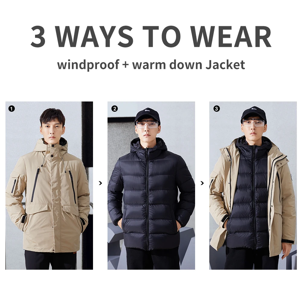 Pioneer Camp 2021 Winter Long Down Jackets Men Thick Warm Removable 3 Ways to Wear Coats for Men's Clothing AYR01031001