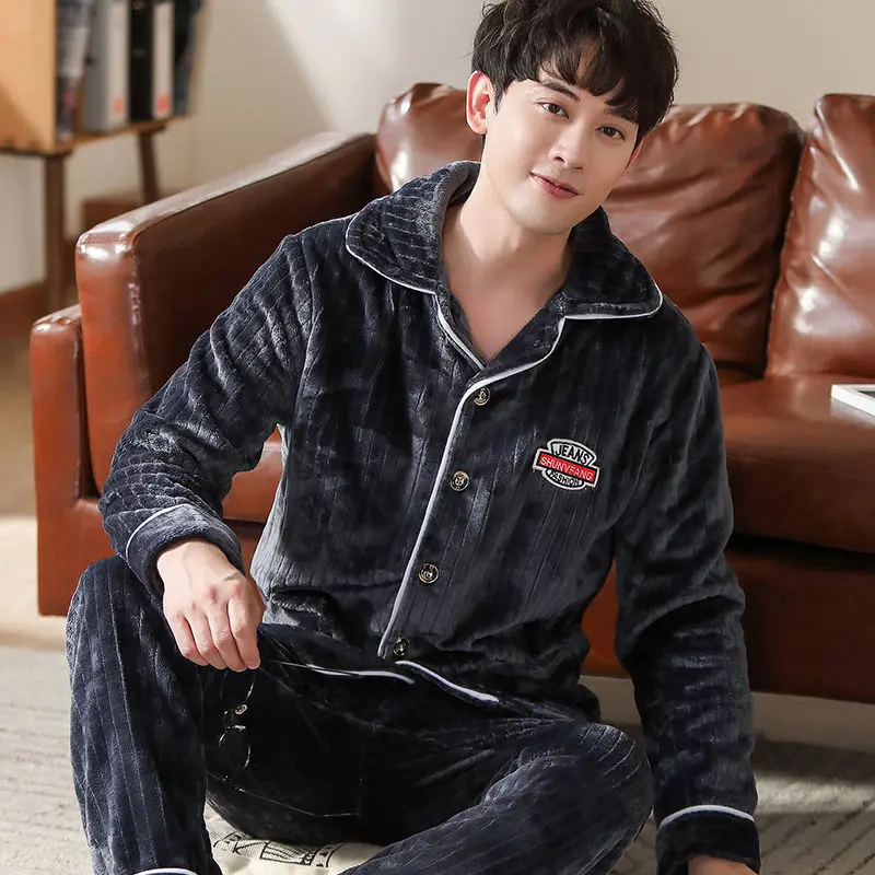 man pajama set Теплая Пижама Мужская Фланелевая Зимняя Толстая Пижама Мужская Толстая пижама с длинным рукавом Повседневная Осенняя Пижама для мужчин коралловый флис для сна XXXL - Цвет: man pajama set