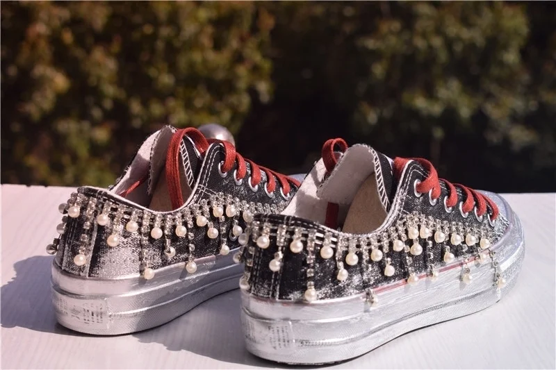 

2021 Korea Heavy Industry Diamond-studded Flat Canvas Shoes Street Retro Dirty Shoes Lace-up Daddy Shoes