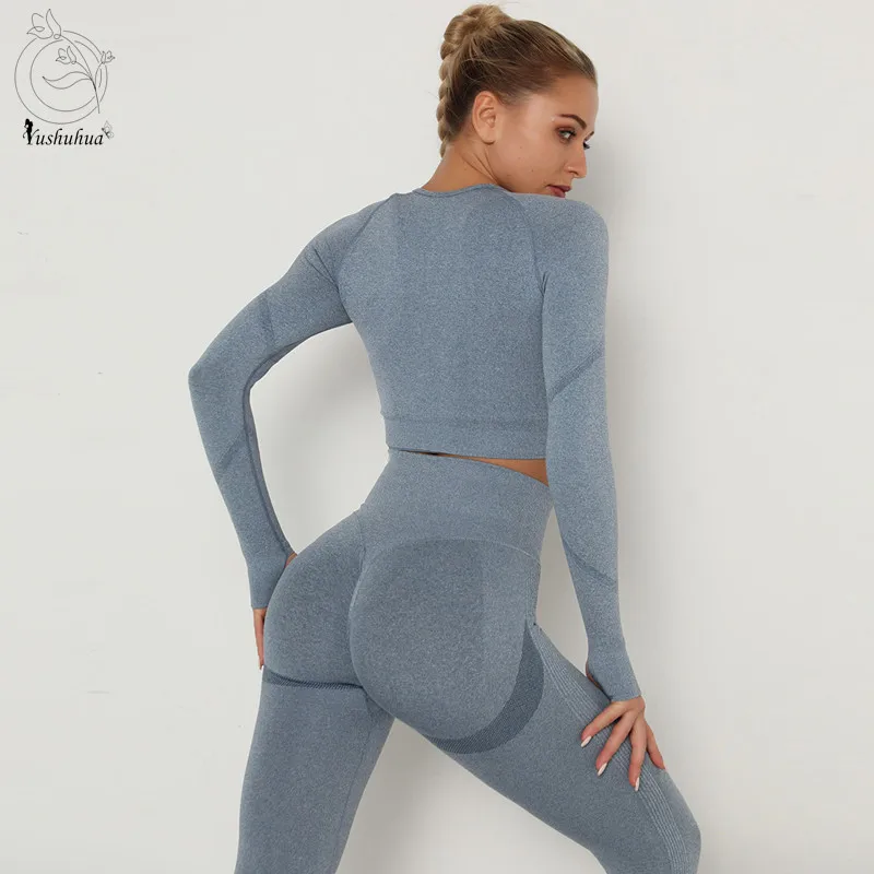 

Женский спортивный костюм Yushuhua Vital, комплект для йоги, одежда для тренировок в тренажерном зале, короткий топ с длинным рукавом и бесшовные л...