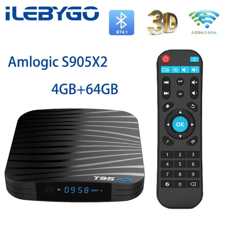Приставка для Smart TV Ilebygo T95X2 Android 8 1 4 Гб 32 ГБ 64 четырехъядерный Amlogic S905X2 H.265 4K Youtube