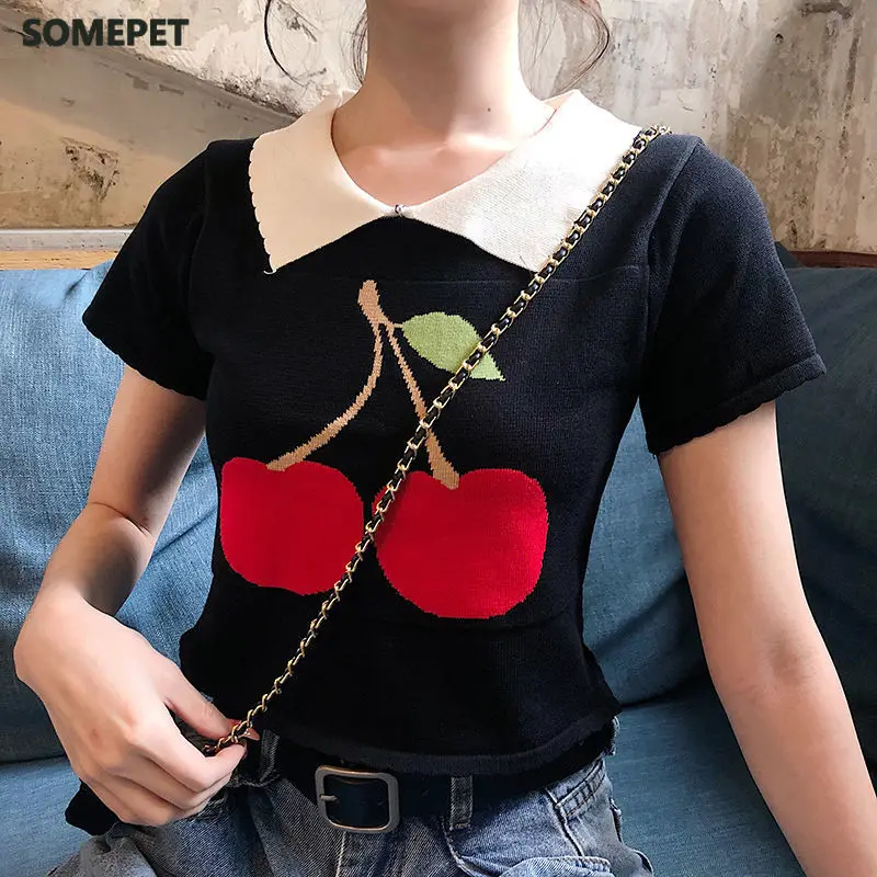 

Woman TShirts Short T-shirt for Women Summer Retro Girl Collar Top Crop Top Mujer Camisetas
