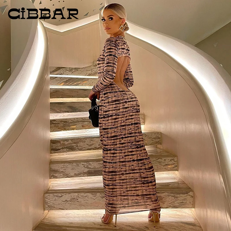 

CIBBAR Sexy Backless Bodycon Dresses Women Autumn Vintage Printing Elegant Party Style Maxi Dress Long Sleeve Slim Chic Outfits