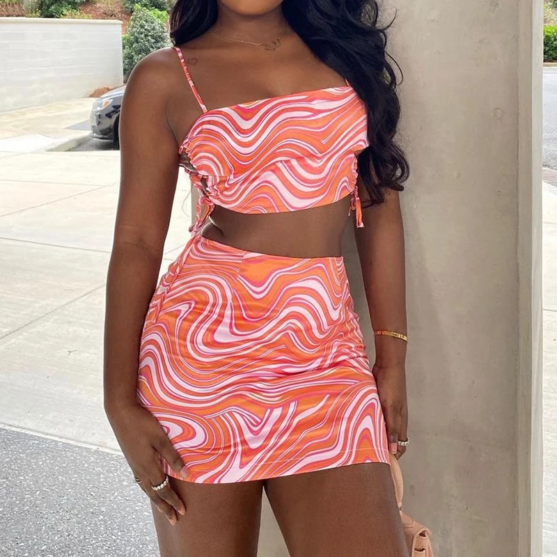 

Paisley Printed Y2k Cropped Camis Top And Mini Skirt Suit For Women Tracksuit 2021Sexy Summer 2 Piece Set Female Party Beachwear