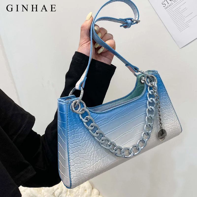 

Fashion Rainbow Leather Handbag Vintage Alligator Baguette Bag With Chain Fashionable Shoulder Bag Female Small Subaxillary Bags
