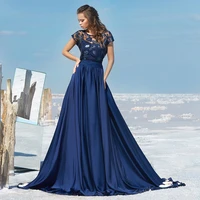 dark royal blue evening dresses a line scoop cap sleeves bling lace evening gowns vintage buttons zipper court train formal gown