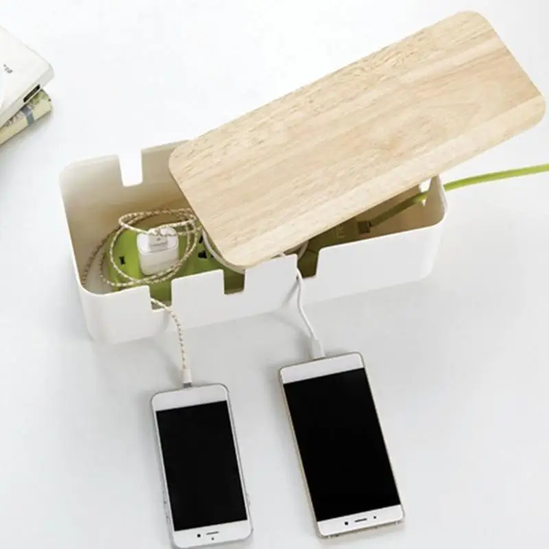 Белый ящик для хранения кабеля с деревянным покрытием креативный Настольный