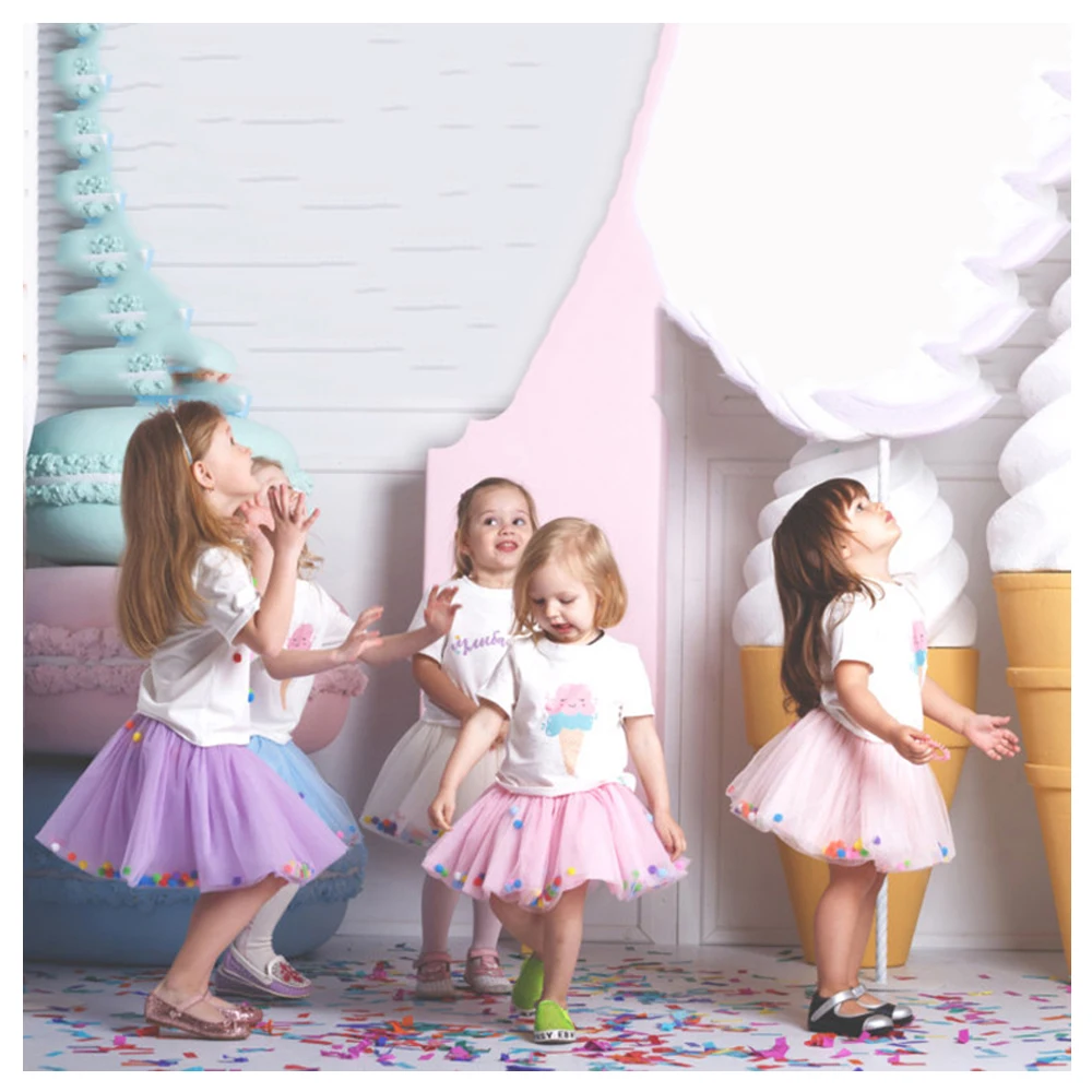 Летняя Детская многослойная фатиновая юбка пачка с цветными помпонами принцесса