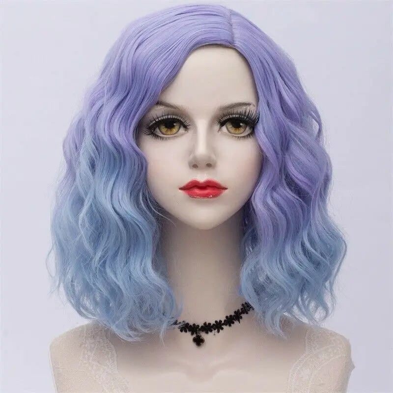 Lavender wig 27 стиль радуги многоцветные Хэллоуин 35 см вьющиеся синтетические парик Лолита Средний Омбре вечерние Косплей - Цвет: Lavender wig