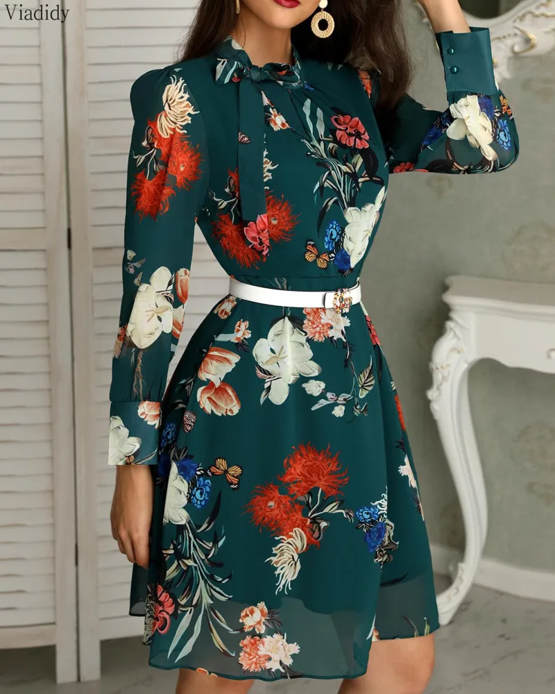 

Women Long Sleeve Floral Print Chiffon Dress Autumn Elegant Lady Bow Tie Casual A-line Dress
