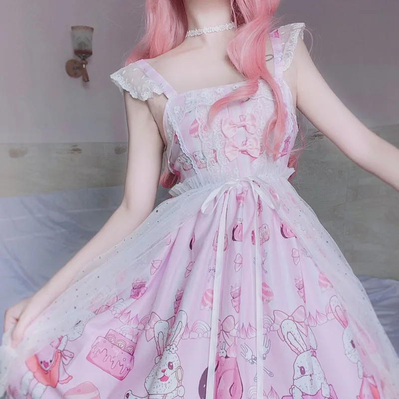 

Pink Rabbit Lolita Jsk 2021 New Elegant Kawaii Women Sleeveless Dress Sweet Bow for Tea Party Princess Japanese Style Lace