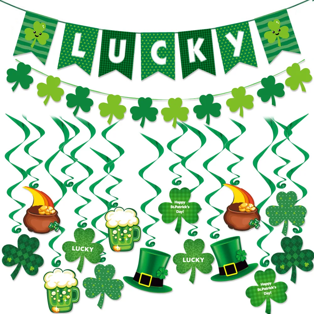 

St. Patrick's Day Shamrocks Ornament Lucky Banner Clover Decoration 14pcs Hanging Pendant Ornament Irish Festival Party Decor