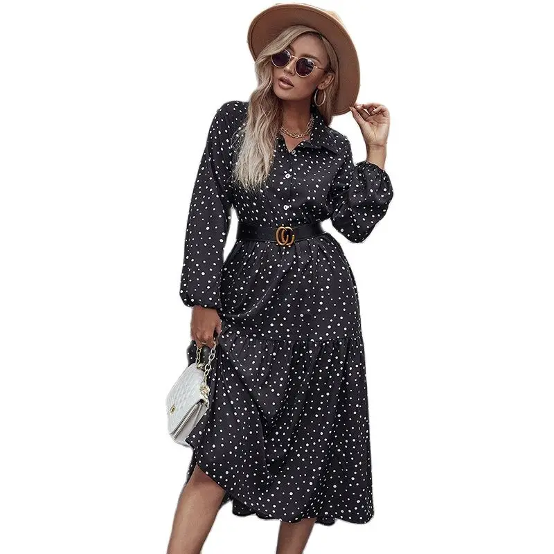 

2021 Autumn Fashion New Women's Vestidos Casual V-Neck Stitching Polka Dot Printing Bubble Long-Sleeved Pullover Dress Female