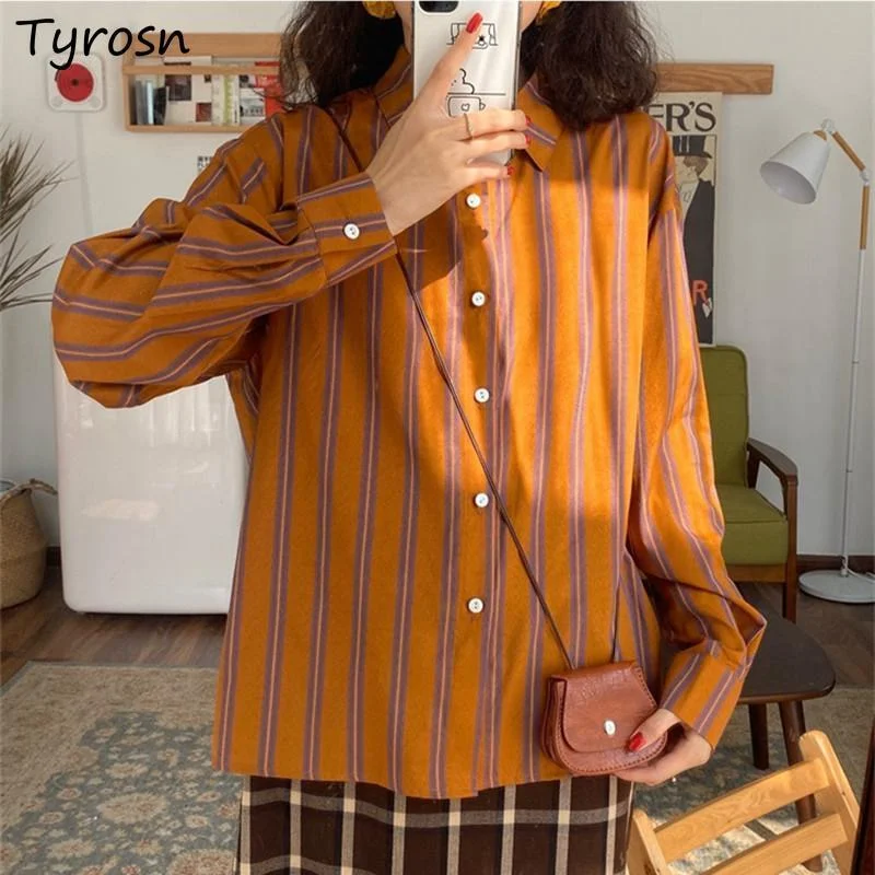 

Striped Design Shirts Women Long Sleeve Tops Turn-down Collar Chic Vintage Streetwear All-match Elegant Female Korean Fashion