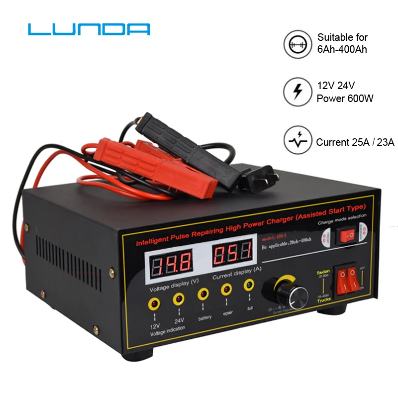 

600W Smart Automatic 12V/24V Car Motorcycle AGM Battery Charger LCD Intelligent Pulse Repair Lead Acid Wet Dry Li-Battery 400AH