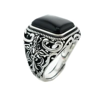 925 sterling silver vintage rings men natural black onyx stone square shape hollow cross flower carved punk jewelry