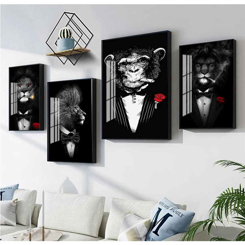 Животные холст искусство картины Смешные животные черный белый лев в костюме