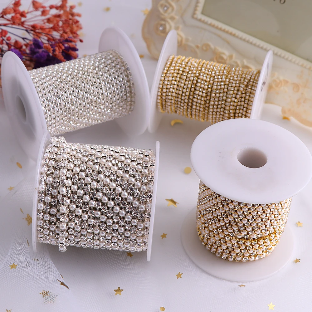 Цепочка для ногтей с жемчугом золотистая/серебристая стеклянная 1 5/2/2 5/3 мм |