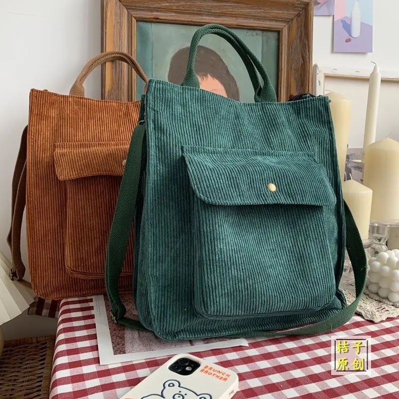 

Japanese School Shoulder Bag Large Capacity Green Black Corduroy Tote Bag For Women With Zipper Pocket Shoulder Strap Handbags