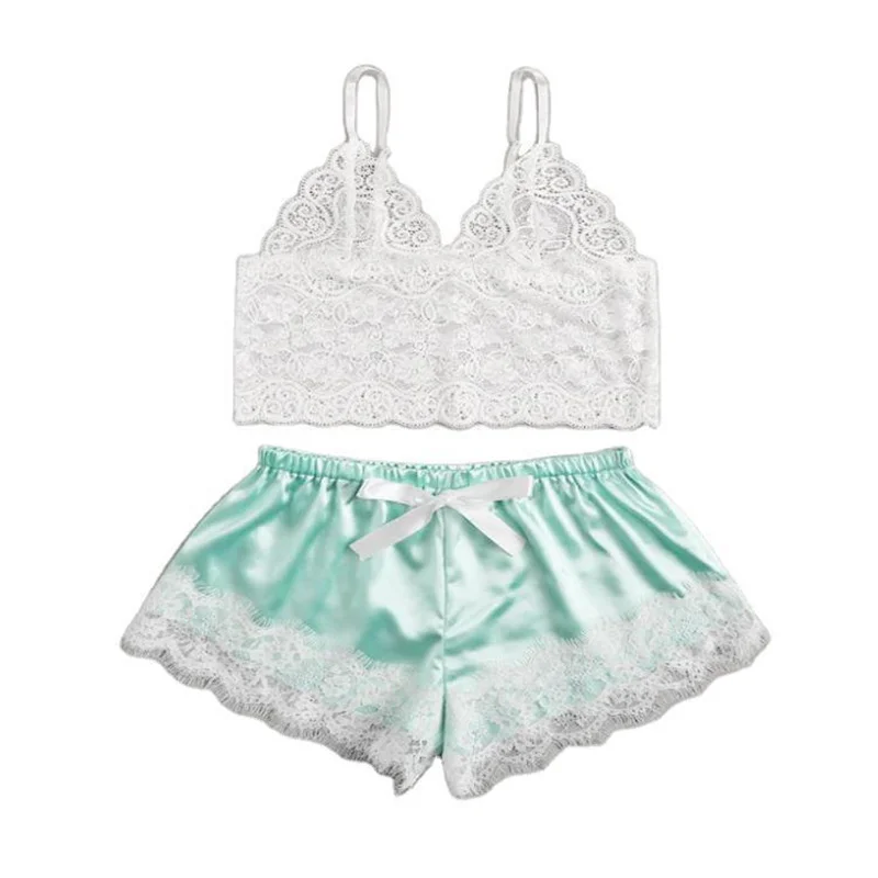 

Женский сексуальный комплект нижнего белья, Кружевной укороченный топ, шорты, пижамный комплект, одежда для сна, атласная пижама, ночная руб...