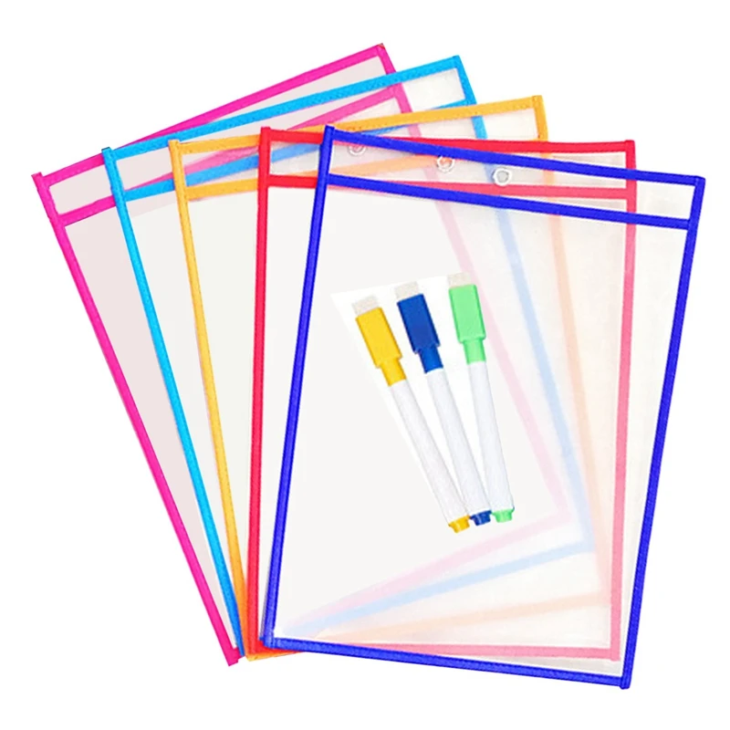 

30 Pcs School Supplies: 20 Pcs Transparent Pvc Dry Erase Pockets with Pens & 10Pcs Multi Colored Dry Erase Pockets