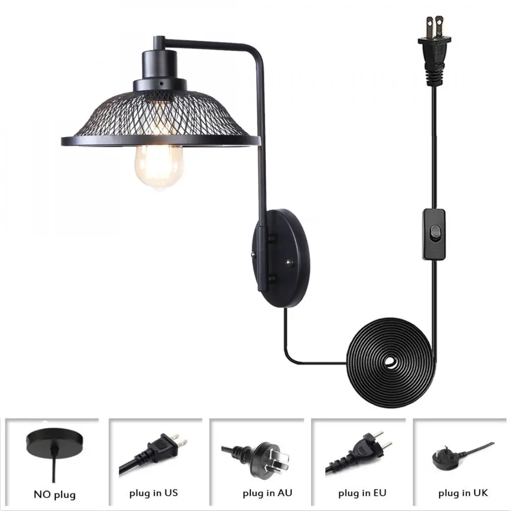 Indoor Wall Mount Lighting Lamp with Metal Shade, Vintage Wall Sconce Plug In Cord, 1-Light Industrial Black Canopy Wall Lamp