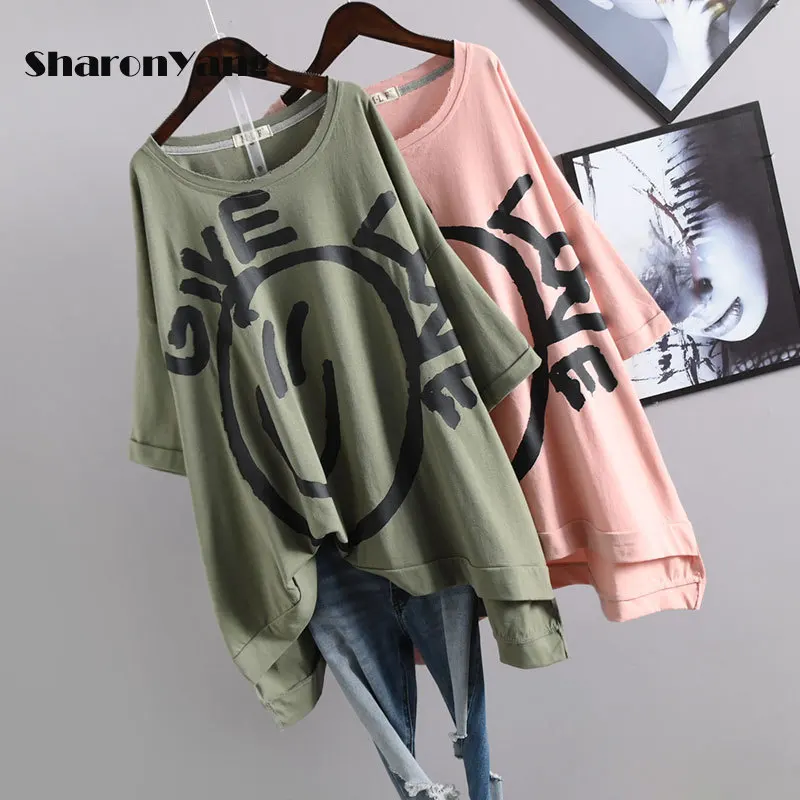 

2021 Summer New Korean Women T-shirt Simple Hand-painted Print Loose Oversize Irregular Casual All-match Women Top