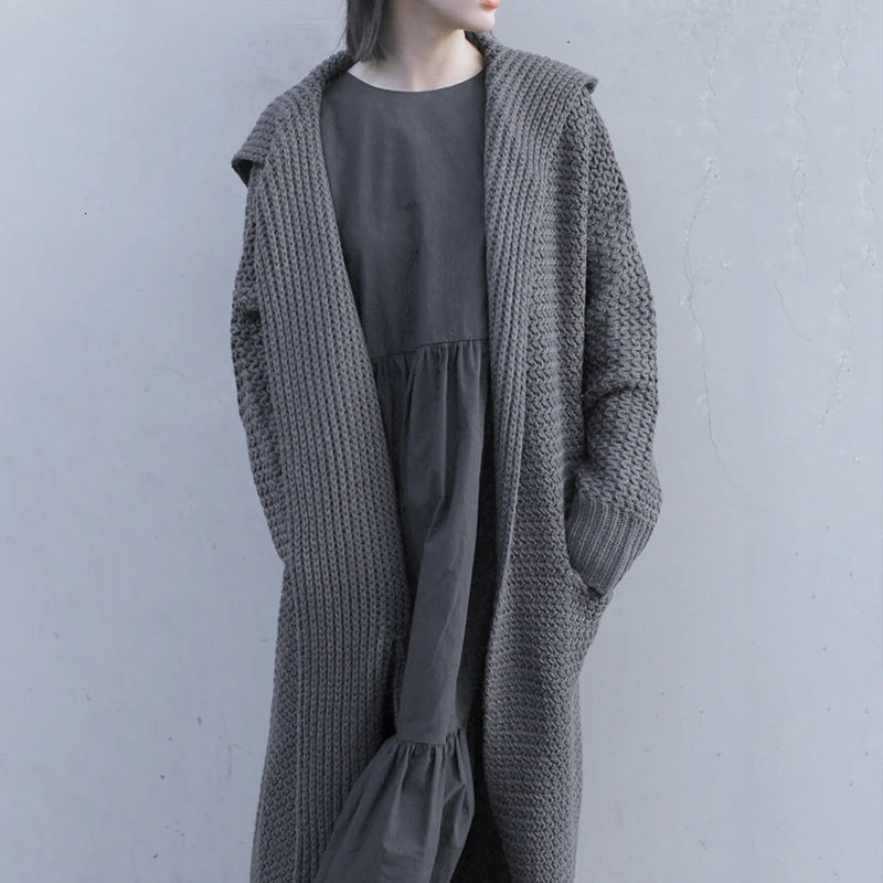 CHICEVER винтажный вязаный женский свитер пальто с капюшоном и длинным рукавом